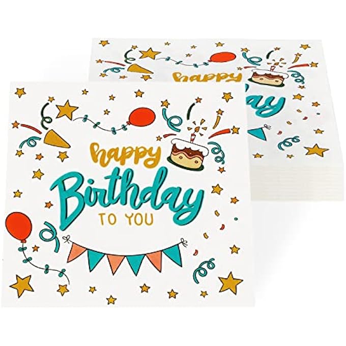 PACK OF 40 HAPPY BIRTHDAY NAPKINS, COLOURFUL PAPER CUTLERY FOR CHILDREN'S BIRTHDAY PARTIES 33 X 33 CM - Image 1